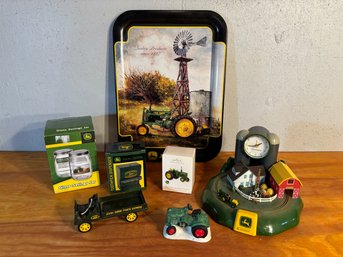 John Deere Lot Of Miscellaneous Items Clock, Jar, Tray, Toothpick Holder, Diecast Toy, Christmas Ornament