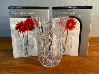Pair Of Vintage Hummingbird Crystal Vases 9'