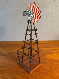 Vintage Barbed Wire Windmill Folk Art With American Flag
