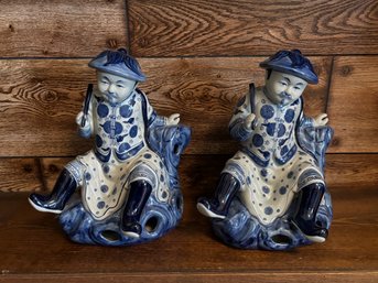 Pair Of Vintage Asian Blue & White Large Chinoiserie Porcelain Scholar Man Sitting Figure 14'