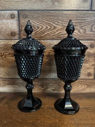 Vintage Indiana Glass Black Diamond Point Pedestal Candy Dish Pair 15'