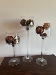 Set Of 3 Tall Decorative Glass Vases With Wicker / Decorative Balls - 16, 19.5, 23'