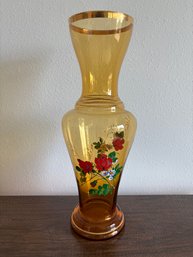 Tall Vintage Amber Glass Vase With Hand Panited Flowers 17'