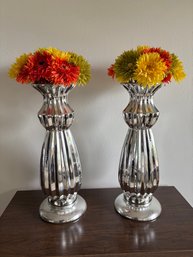 Pair Of Tall Metal Chrome Vases With Fake Flowers 20.5'