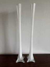 Pair Of Tall Mid Century Style Vintage White Glass Cylinder Art Vase 23'