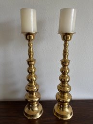 Vintage Pair Of Tall Hollow Brass Candlestick Holders 18'