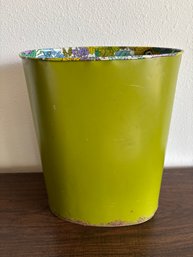 Vintage Avocado Green MCM Mid Century Trash Can Waste Basket Flowers (some Rusting)