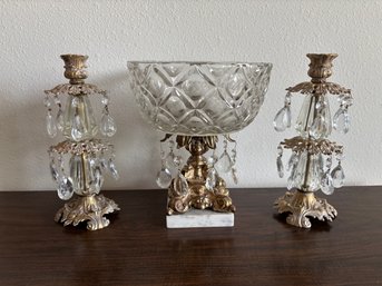 Vintage Glass & Brass Table Top Candle / Dish Set
