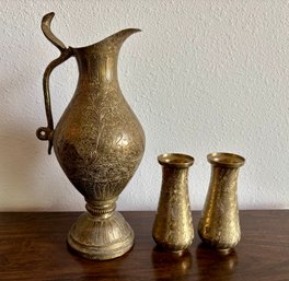 Vintage Brass Indian Etched Vase Pitcher Set
