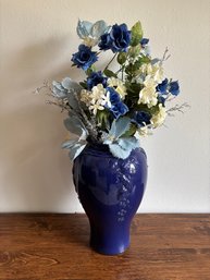 Large Ceramic Blue Vase With Faux Flowers 16'