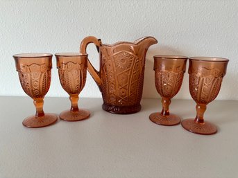 Vintage Tiara Coral Indiana Glass Pitcher & 4 Glasses