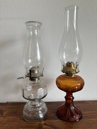 Lot Of 2 Antique Oil Burner Glass Lamps Amber & Clear