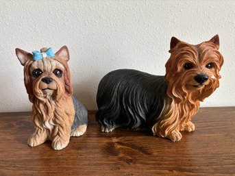 Pair Of 2 Yorkshire Terrier Dog Ceramic & Plastic Statues