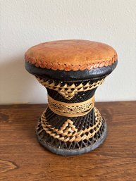 Vintage Mid Century Rattan & Wicker Leather Small Drum Stool Small 10.5 X 9