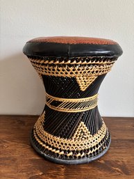 Vintage Mid Century Rattan & Wicker Leather Small Drum Stool 18 X 15
