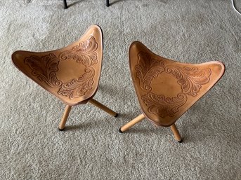 Vintage Pair Of Leather Folding Camp Stools - 20 X 13 X 13