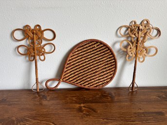 Lot Of 3 Vintage Wicker Rattan Rug Beater / Fans