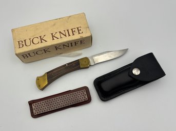 Vintage Brass Buck Knife With Sheath & Sharpener Honing Steel