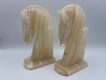 Pair Of 2 Vintage Onyx Horseheads Bookends 8.5'