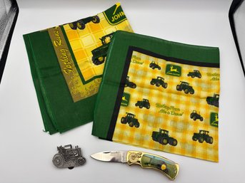 Lot Of Vintage John Deere Items - Knife, Handkerchief Bandana & Money Clip
