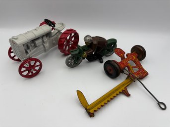 Lot Of 3 Reproduction Metal Tractor Motorcycle Mower Decor Toys