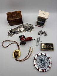 Lot Of Miscellanous Items Bolo Tie Dream Catcher, Belt Buckle, Car Thermometer, Tractor