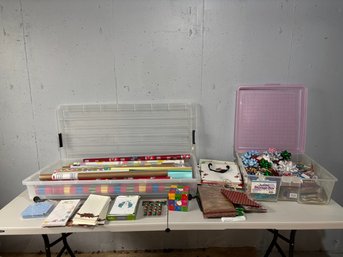 Huge Lot Assortment Lot Of Christmas Holiday Wrapping Paper, Cards, Bows, Etc In Plastic Storage Totes