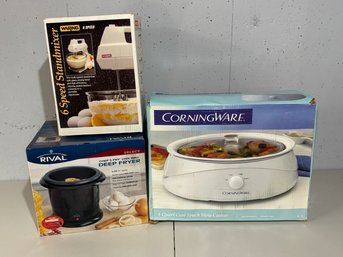 Lot Of 3 Kitchen Appliances - Rival Deep Fryer, Waring Stand Mixer, Corningware Slow Cooker New In Box