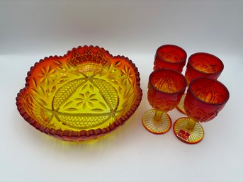 Vintage Red & Yellow Carnival Glass By Viking - Dish & Cordial Glasses