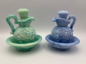 Lot Of 2 Avon 70s Pitcher And Basin Lot - Teal And Light Blue