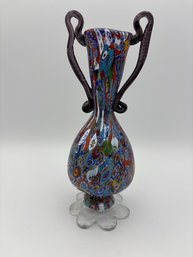 Vintage Murano Glass Millefiori Double Handled Pitcher Vase 8.5'