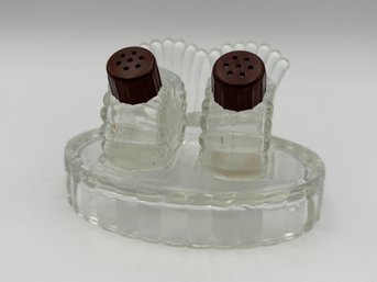 Vintage Crystal Turkey Salt And Pepper Shakers On Fan Tail Tray