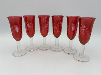 Set Of Vintage Red Cordial Glasses Etched Floral Design