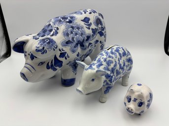 Lot Of 3 Blue And White Ceramic Or Porcelain Pig Statues And Piggy Banks