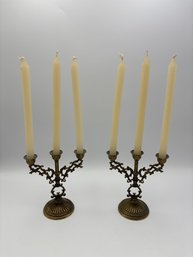 Pair Of Small Vintage Brass Candelabras 5'
