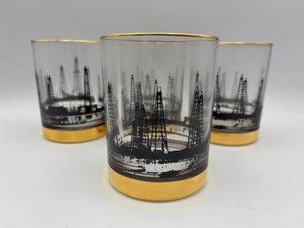 Set Of 4 RARE Vintage MCM Culver Oil Derrick Rocks Glasses Tumblers Oil Rig Petroleum (Lot 2)