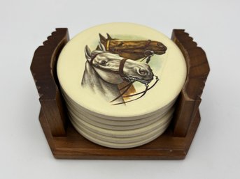 Vintage Ceramic And Wood Horse Coaster Set
