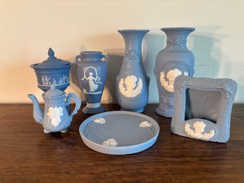 Lot Of Vintage Blue Wedgewood Jasperware Porcelain Pottery - Vases, Teacup, Picture Frame