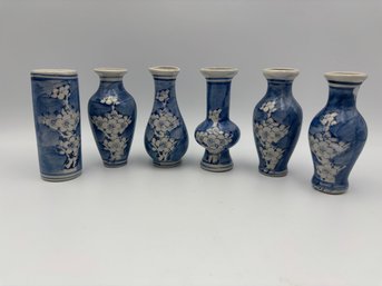 Lot Of 6 Miniature Blue And White Floral Porcelain Vases 4'