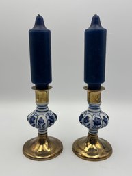 Pair Of Vintage Brass And Porcelain Blue And White Candle Holders With Candles 5'