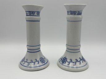 Pair Of Vintage Small White And Blue Porcelain Candle Holders