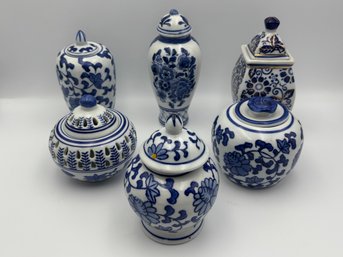 Lot Of 6 Vintage Chinese Porcelain Blue And White Ware Jars