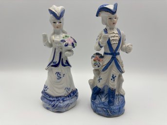 Pair Of Vintage Porcelain Blue And White Figures, Victorian Man And Woman Colonial Couple