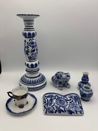 Lot Of Porcelain Blue And White Ware Frog Candle Holder Etc