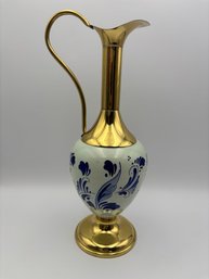 Vintage Brass And Porcelain Delftware Vase Decor 12.5'