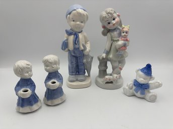 Lot Of 5 Porcelain Figurines - Victorian Couple, Bear, Angel Candleholders
