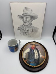 Vintage John Wayne Lot - Coffee Mug, Drawing & Wooden Oval Picture