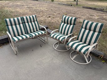 Outdoor Patio Furniture Set By Homecrest With Green Striped Cushions - Glider Bench & Chairs