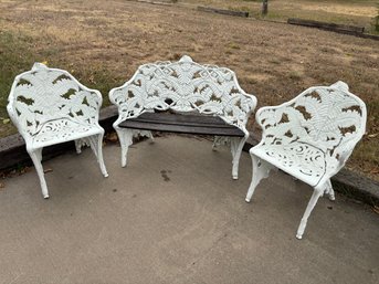 Set Of 3 Vintage Cast Iron White Heavy Chairs And Bench Bench & Chairs