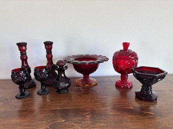 Lot Of 8 Avon Cape Cod Collection Ruby Red Glassware Miscellaneous Pieces